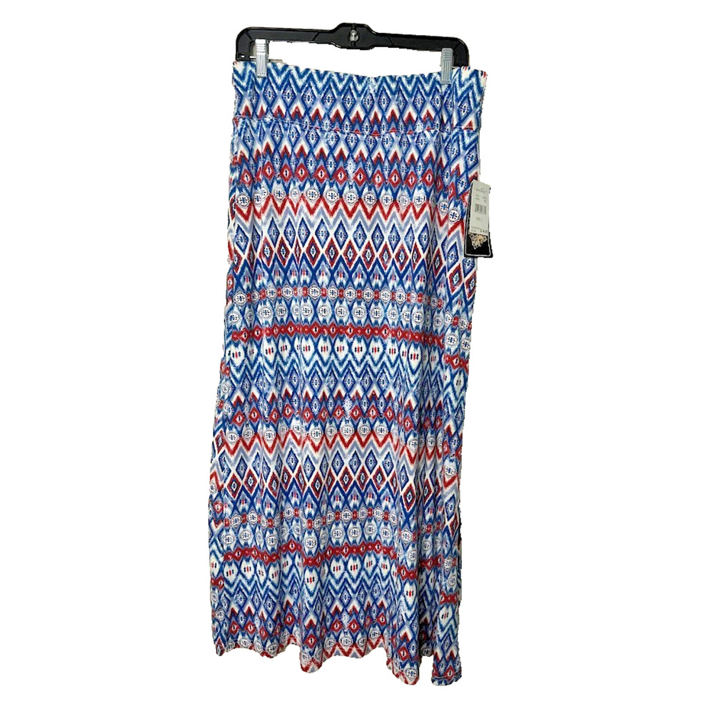 Jane Ashley Bohemian Maxi Skirt Size L Red Blue Boho Hippie Beachy Stretch Aztec